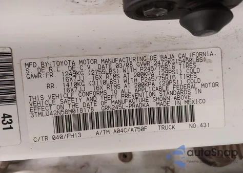 2008 Toyota Tacoma Base V6 from USA, damaged, VIN 3TMLU42N58M018178